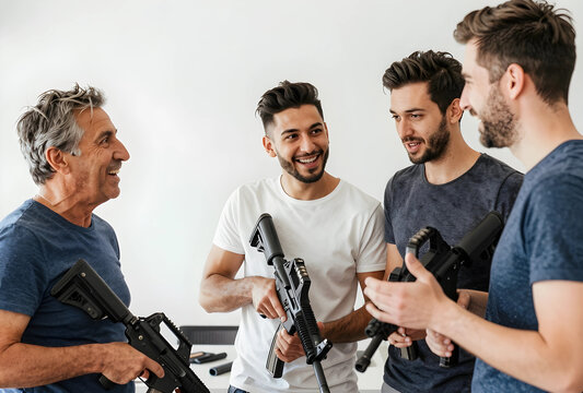 Men holding airsoft guns, recreational shooting and team building activity, friends enjoying a fun game indoors