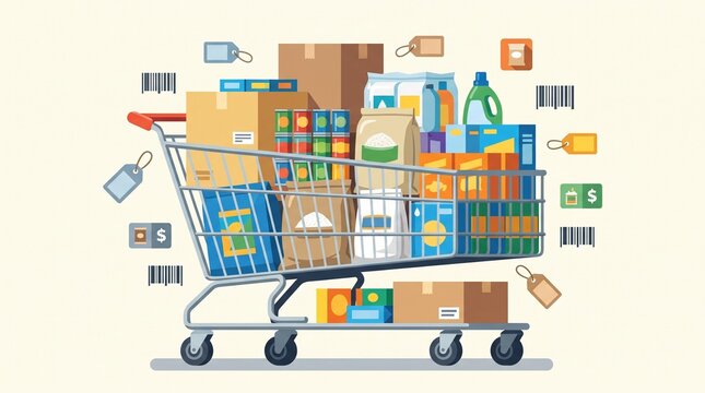 Wholesale shopping cart filled with bulk groceries, boxes and household supplies, modern bulk purchasing and retail commerce concept in flat vector style.
