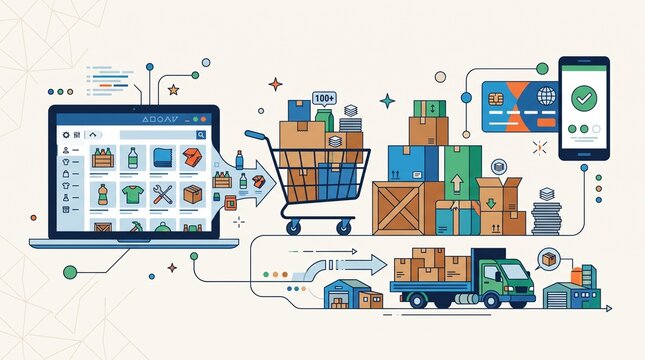 Online wholesale shopping with laptop catalog, bulk products, shopping cart, digital payment and delivery truck, modern ecommerce flat illustration.