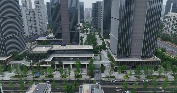 Aerial footage of modern office buildings in Chengdu city, China