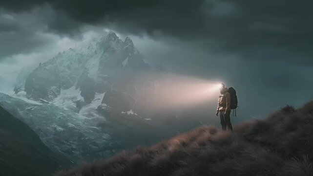 A dramatic, atmospheric portrayal of a mountainous landscape. A solitary figure stands on a grassy hill, facing a towering, snowcapped mountain peak. The figure wears a backpack and holds a.