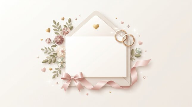 Elegant Wedding Invitation Flat Design Illustration with Gold Rings, Floral Decoration, Envelope and Romantic Celebration Elements