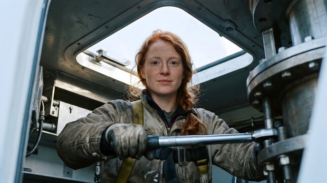 Female technician using torque wrench on wind turbine
