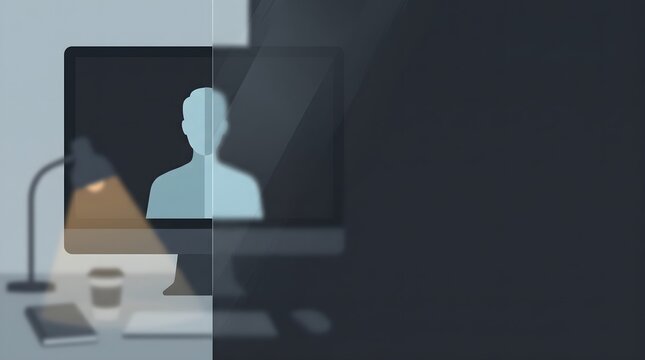 Remote work isolation and digital identity concept, faceless avatar on computer screen in a dark room, flat vector illustration with large copy space.