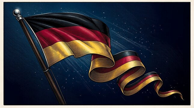 Waving German flag with tricolor ribbon on dark blue starry background