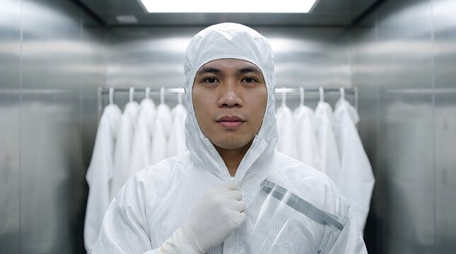 Cleanroom worker zipping protective suit in gowning room