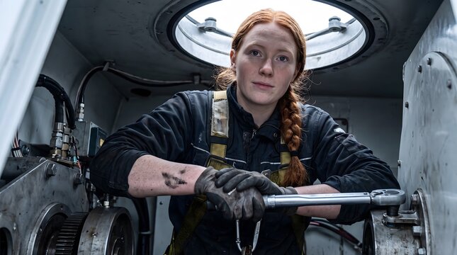 Female wind turbine mechanic resting on torque wrench