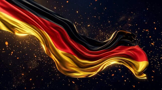 Flowing German flag ribbon with golden particles on dark starry background