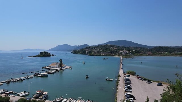 4K Timelapse capturing movement along planespotting causeway with boat passing near Corfu Airport, Greece