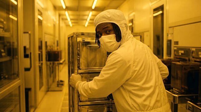 Cleanroom worker pushing cart in yellow photolithography lab