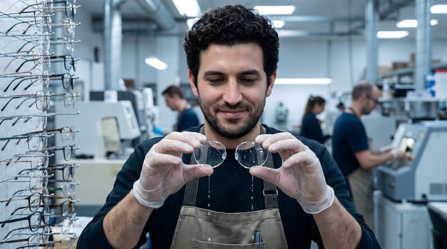 Male optician holding freshly washed eyeglass lenses