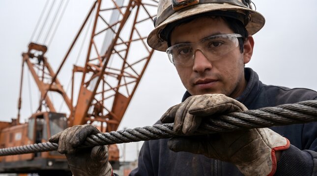 Construction worker holding steel wire cable near heavy crane