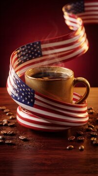 Steaming coffee cup wrapped in American flag ribbon with scattered beans on dark wood