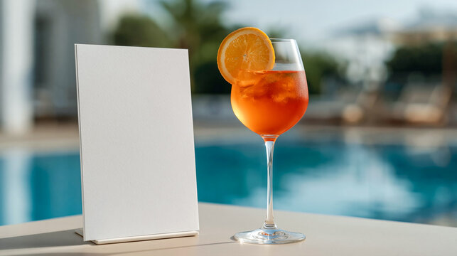 Blank menu card beside an Aperol spritz near a swimming pool, perfect for resort menu mockups, cocktail promotions, and summer dining advertising