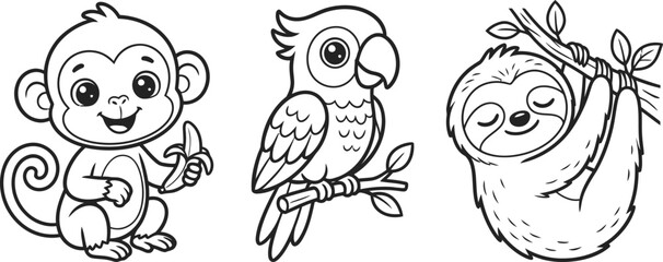 Black line art coloring page illustration featuring cute monkey parrot and sloth characters © Peru
