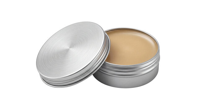 Brushed aluminum cosmetic tin with natural lip balm. Open metal container for organic skincare. Silver jar for beauty products. isolated PNG with Transparent Background