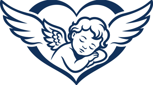 Cute sleeping baby angel cherub vector illustration framed inside a winged heart shape