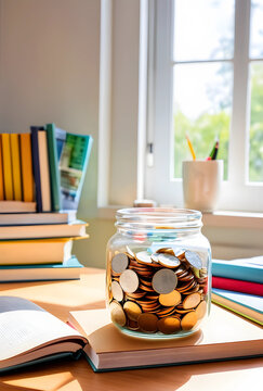 Education savings and college fund concept, glass jar full of coins on books by a window, financial planning for students