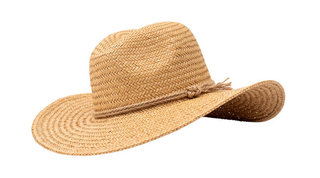 Classic straw sun hat with wide brim, woven tan summer fedora for beach travel, stylish panama headwear for vacation sun protection isolated PNG with Transparent Background