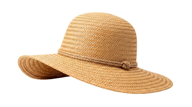 Classic straw sun hat with wide brim, elegant summer beach headwear for women, woven tan sunhat with rope detail isolated PNG with Transparent Background