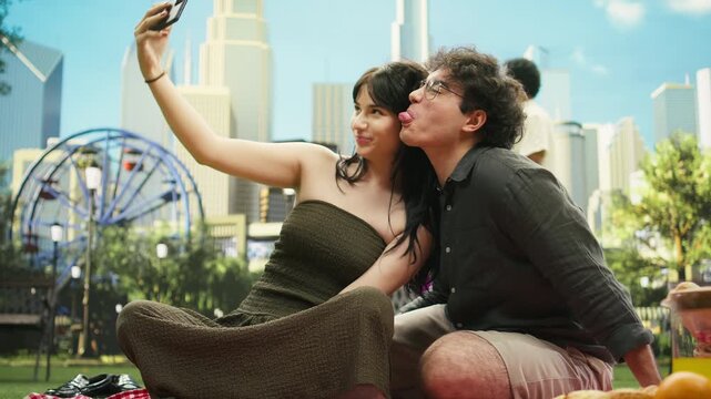 Playful young couple make silly faces for smartphone selfies in a city park while having fun posing for pictures during an outdoor date.