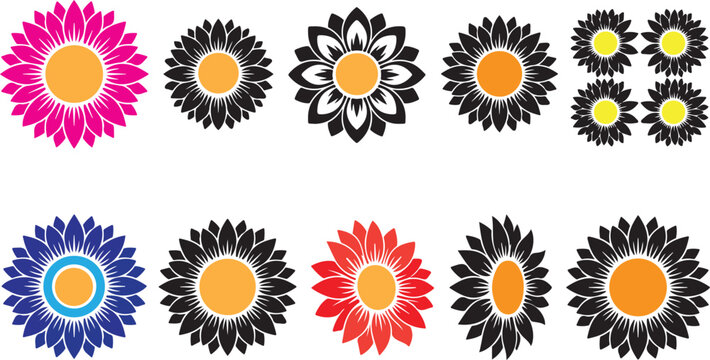 Set of colorful flower icons and sunflower designs in different styles