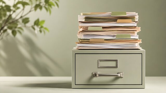 Stack of Paperwork and Manila Folders on Metal Filing Cabinet Concept for Office Administration and Workload