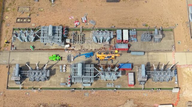 Aerial view of National Grid Sundon Substation with heavy industry high voltage transformers and maintenance equipment in Chalton, England, United Kingdom.
