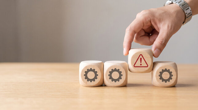 Workflow risk identification concept showing hand inserting red warning block into gear process representing operational disruption