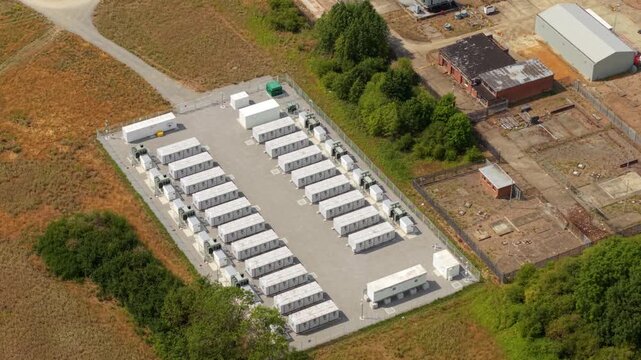Aerial view of the National Grid Sundon Substation and battery energy storage systems in a rural field in Chalton, England, United Kingdom.