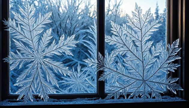 Artistic window with frost-covered autumn leaf patterns and winter scenery