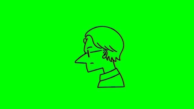 Animated line art profile of a man with glasses on green screen