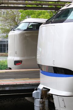 駅に停車する近未来的な白い特急列車の並び