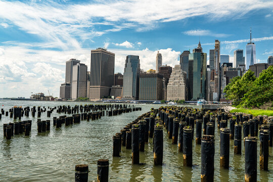 View of Manhattan skyline and Brooklyn Bridge in New York City