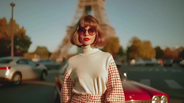 Paris, France, Europe. A vibrant, highresolution portrait of a woman standing beside a classic red car in front of the Eiffel Tower. She wears a white turtleneck sweater and a patterned skirt.