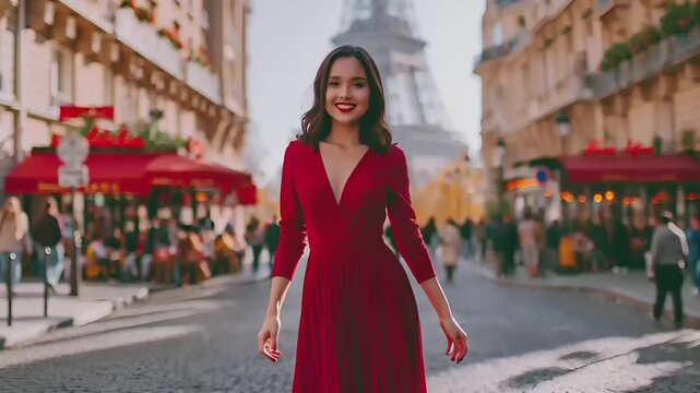Paris, France, Europe. A vibrant, candid photograph captures a woman in a flowing red dress dancing joyfully on a cobblestone street in Paris. The Eiffel Tower stands tall in the background.