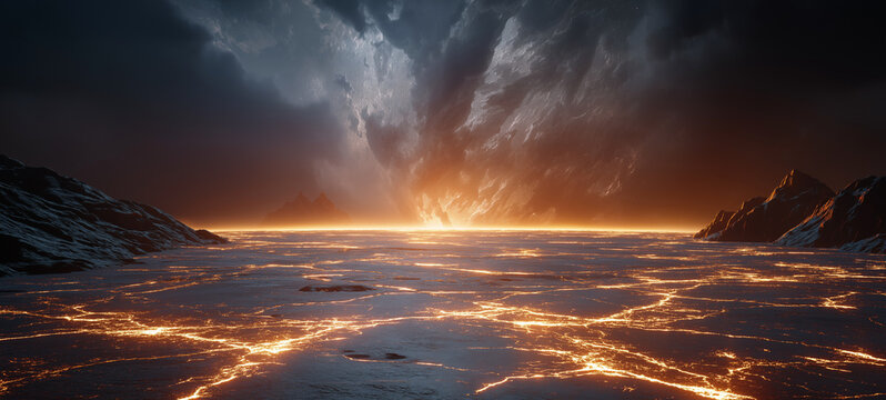 Apocalyptic Lava Landscape: A dramatic and desolate landscape dominated by molten lava flowing across cracked earth, under a stormy, dark sky, evoking a sense of doom and destruction.