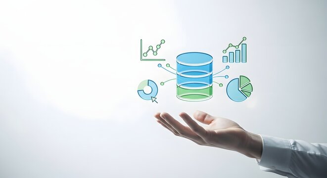 Professional hand holding digital database icon with growth charts and analytics symbols for business intelligence and data management