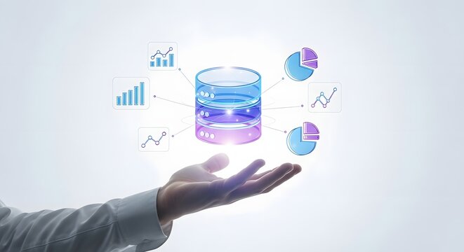 Cloud data management and analytics Stylized database with charts floating above an open hand, symbolizing business intelligence and innovative technological solutions