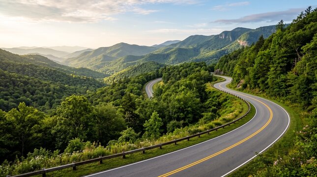 Winding highway traverses lush green mountains under a bright sky road mountain