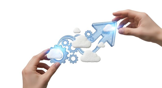 Hands supporting digital cloud computing icons with gears and upward arrow representing business growth and technology innovation