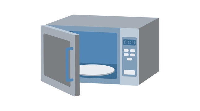 Flat design vector illustration of a silver microwave oven with an open door and digital display, isolated on white.
