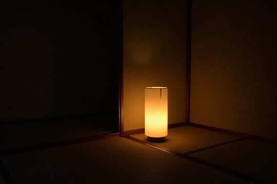 Paper Floor Lamp Glowing in a Dark Tatami Room at Night