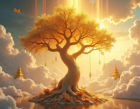 Majestic Sacred Tree of Life in Buddhist Paradise with Golden Rays and Kanok Clouds