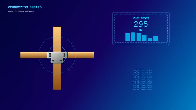 Digital engineering blueprint featuring mass timber connection hardware with a glowing blue interface display showing fluctuating structural torque values during a dynamic simulated load bearing test