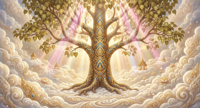 Sacred Bodhi Tree with Golden Traditional Thai Patterns in Heavenly Realm