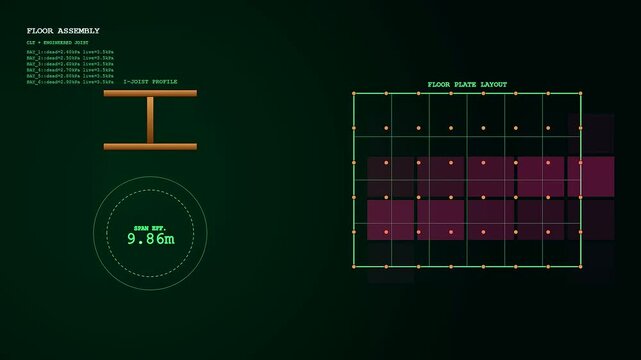 A digital mass timber floor assembly layout features complex grid patterns with mathematical structural data floating within a dark room representing modern construction modeling and design
