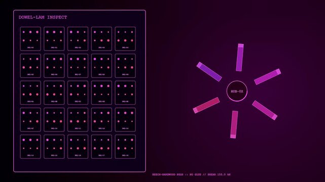 Digital displays showing mass timber load testing data with circular rotating progress bars and grid patterns for structural analysis in a dark purple monitor interface