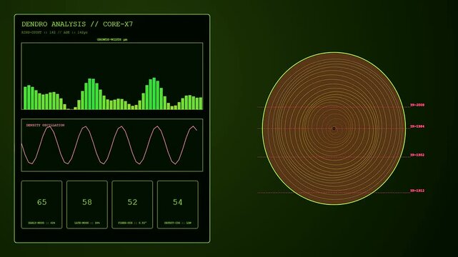 Digital screen displaying mass timber analysis data features circular wooden cross sections and waveform graphs shown in a dark computer monitor interface for scientific structural research