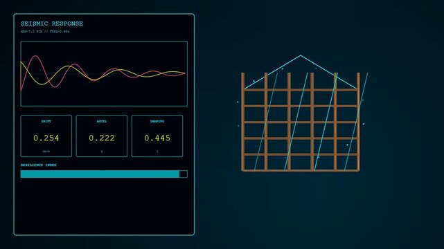Digital displays showing mass timber building structural analysis with line graphs and floating numerical data points during a simulated earthquake stability test in dark space